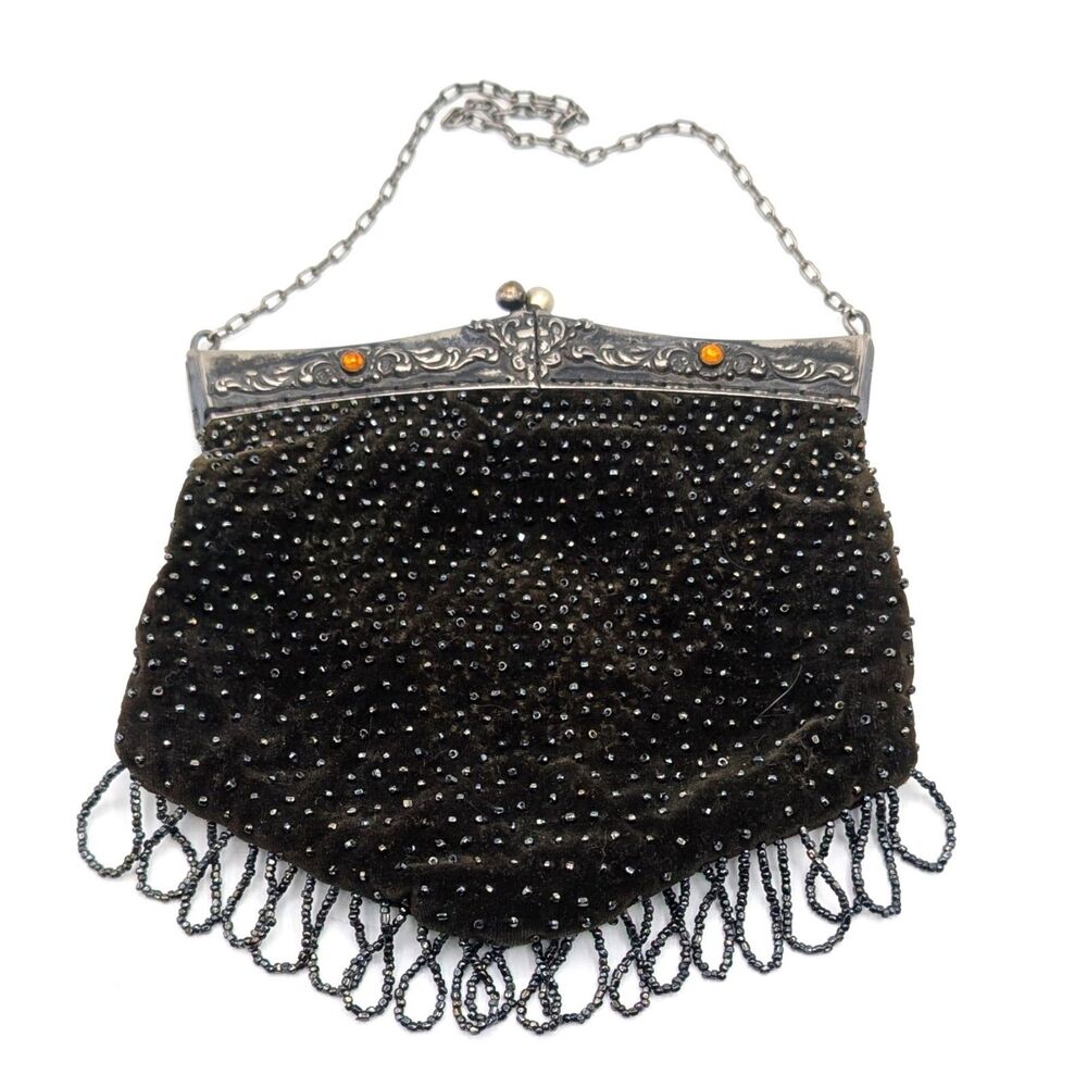 Vintage Black Beaded Evening Bag Clamshell Purse w/ Chain Strap & Fringe